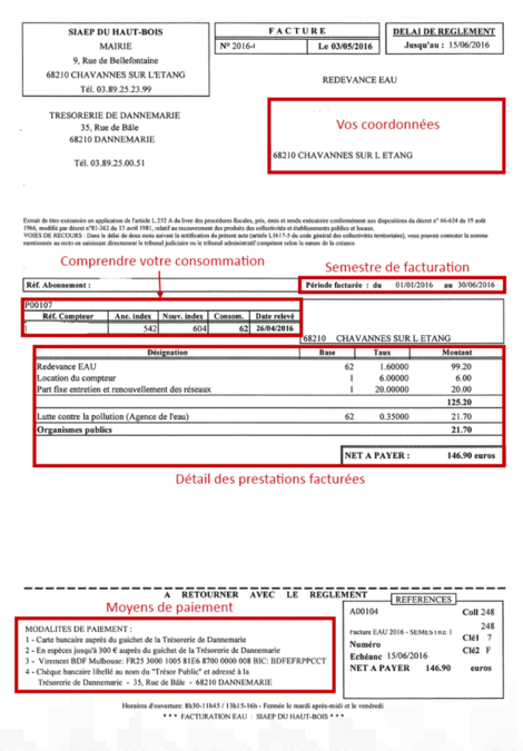 Exemple de facture d'eau semestrielle